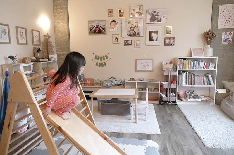 Wooden kitchen, Montessori style play corner